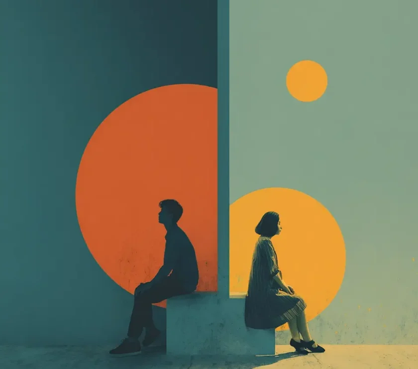 Vector illustration of a couple sitting back-to-back with a small space between them, representing relationship disconnection.