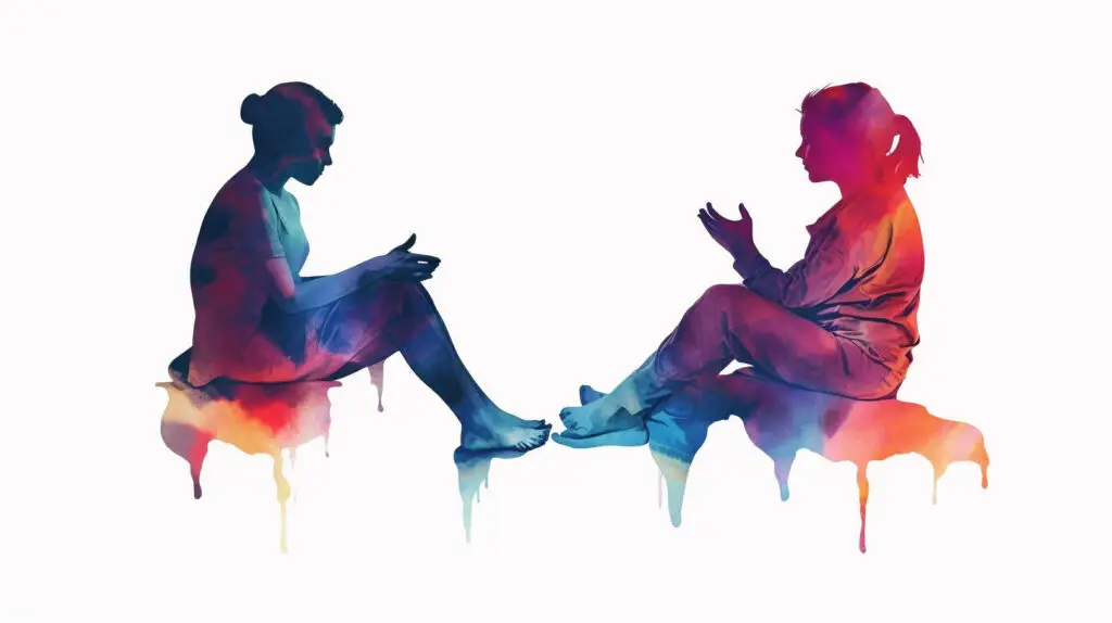 image shows that two women are discussing