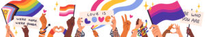 People hold LGBT progressive, lesbian, bisexual flags. Hands with rainbow posters gesturing hearts. LGBTQ community. Gay parade banner. Pride month meeting
