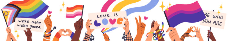 People hold LGBT progressive, lesbian, bisexual flags. Hands with rainbow posters gesturing hearts. LGBTQ community. Gay parade banner. Pride month meeting