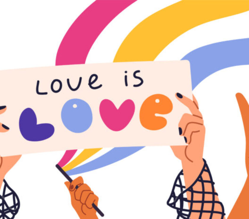 People hold LGBT progressive, lesbian, bisexual flags. Hands with rainbow posters gesturing hearts. LGBTQ community. Gay parade banner. Pride month meeting. Flat isolated vector illustrations on white